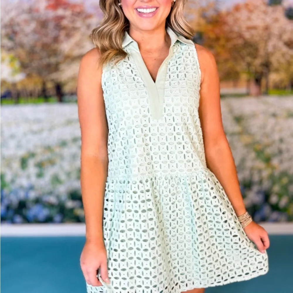 Mint Green Sleeveless Eyelet Dress - Picture 5 of 6